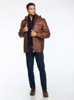 Manteau En Cuir Cognac Ă Capuchon