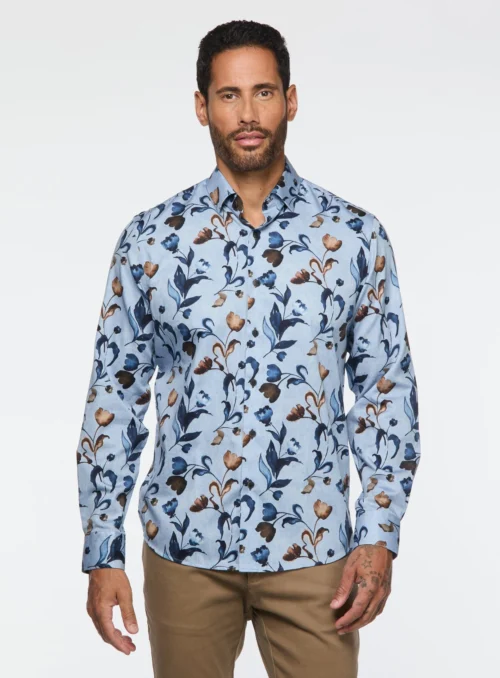 Chemise Bleue Ă Motif De Tulipes