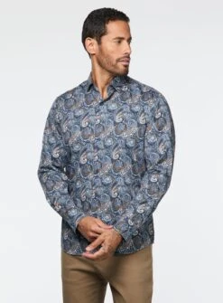 Chemise Satinée Bleue à Motif Paisley